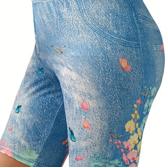  Denim & Butterfly Print High Rise Skinny Shorts