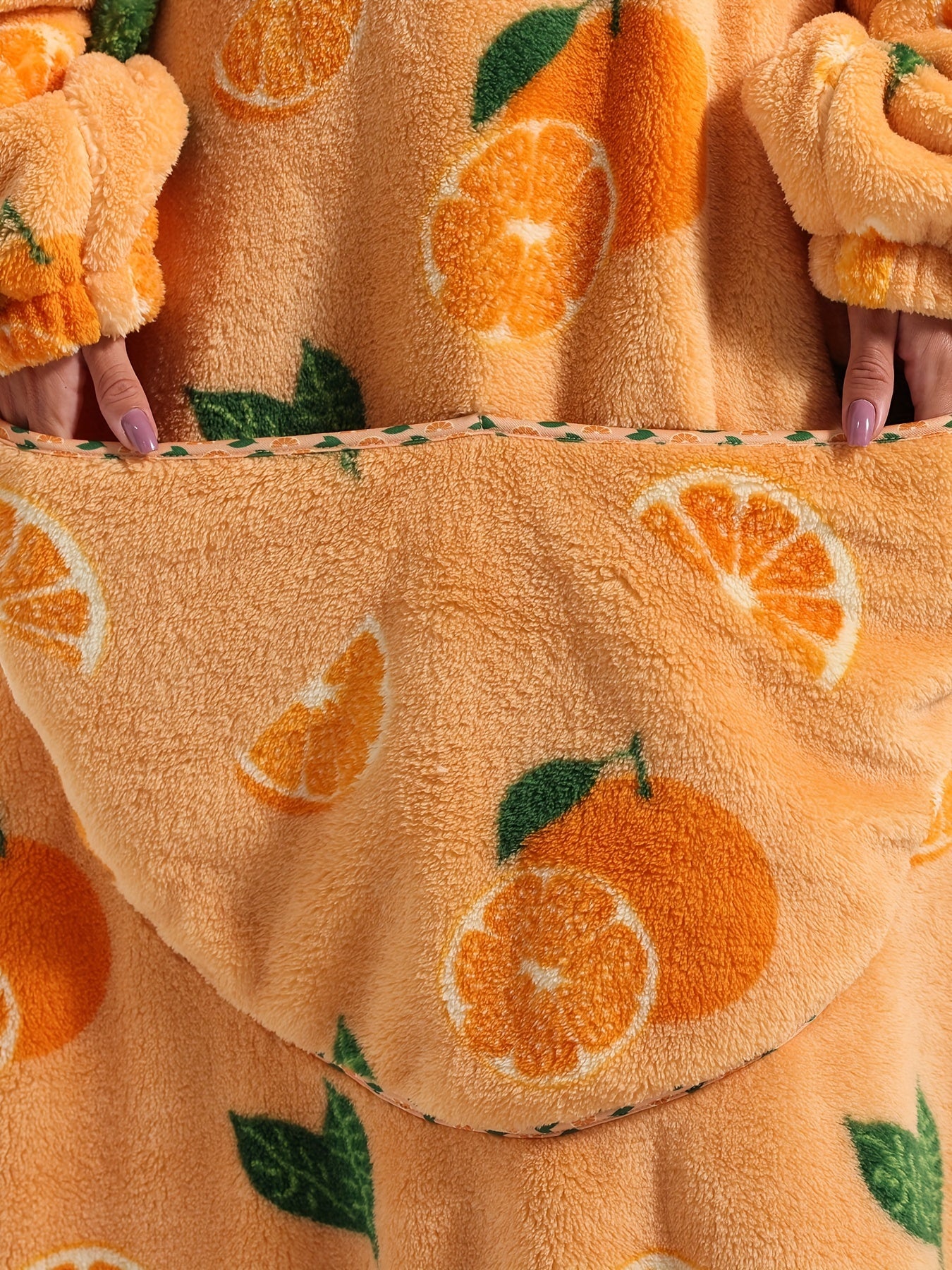 Fruit Print Fuzzy Lounge Robes Hooded Long Sleeve With Pockets