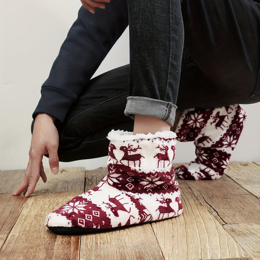 Reindeer & Snowflake Pattern Plush House Slippers for Men