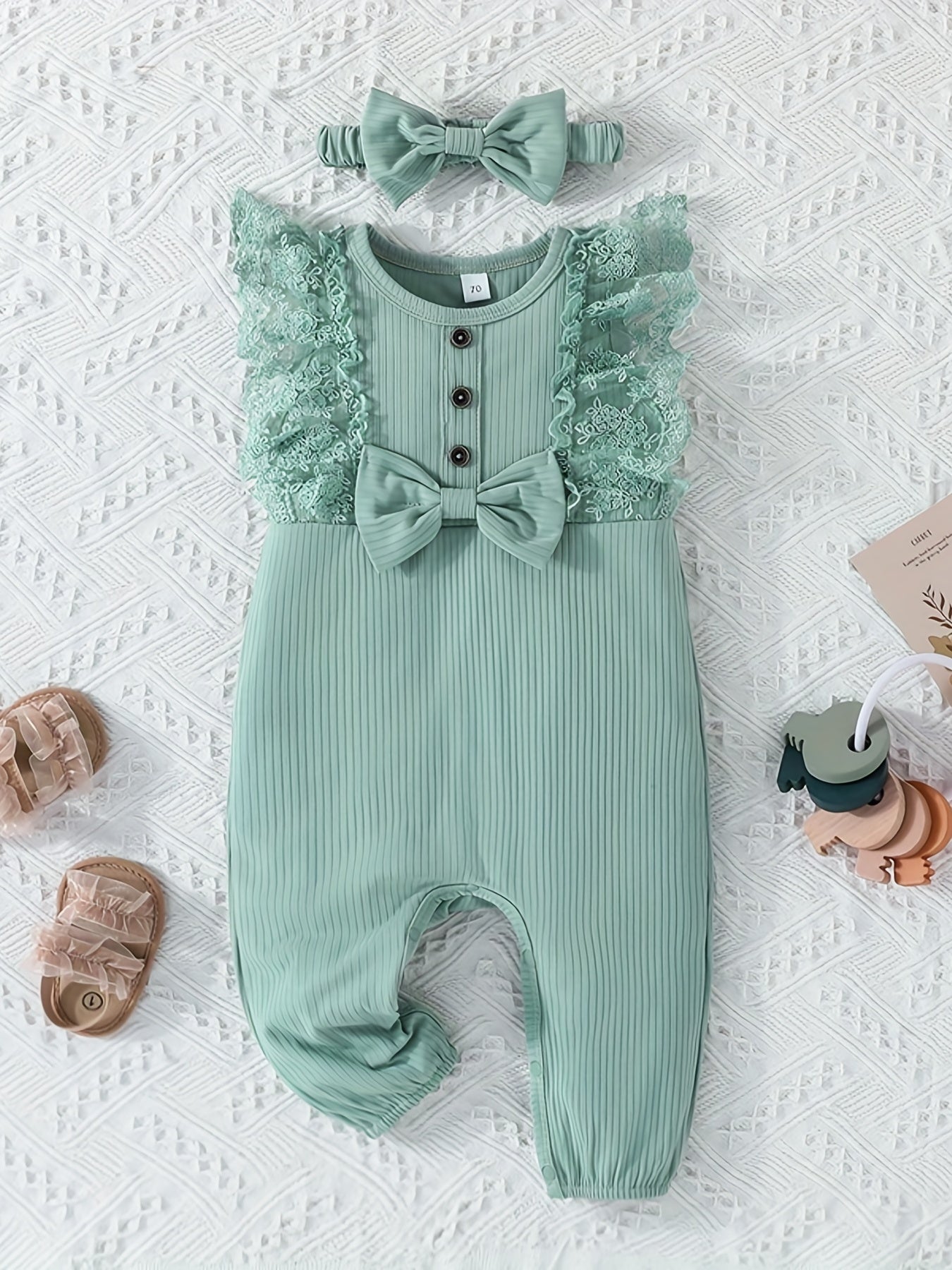 2pcs Baby Girls Mesh Ruffled Sleeves Rompers & Headband