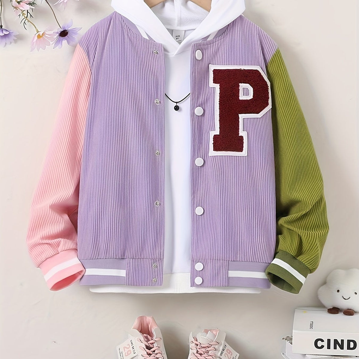 Girls Letter Patched Striped Baseball Jacket