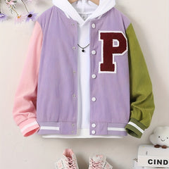 Girls Letter Patched Striped Baseball Jacket