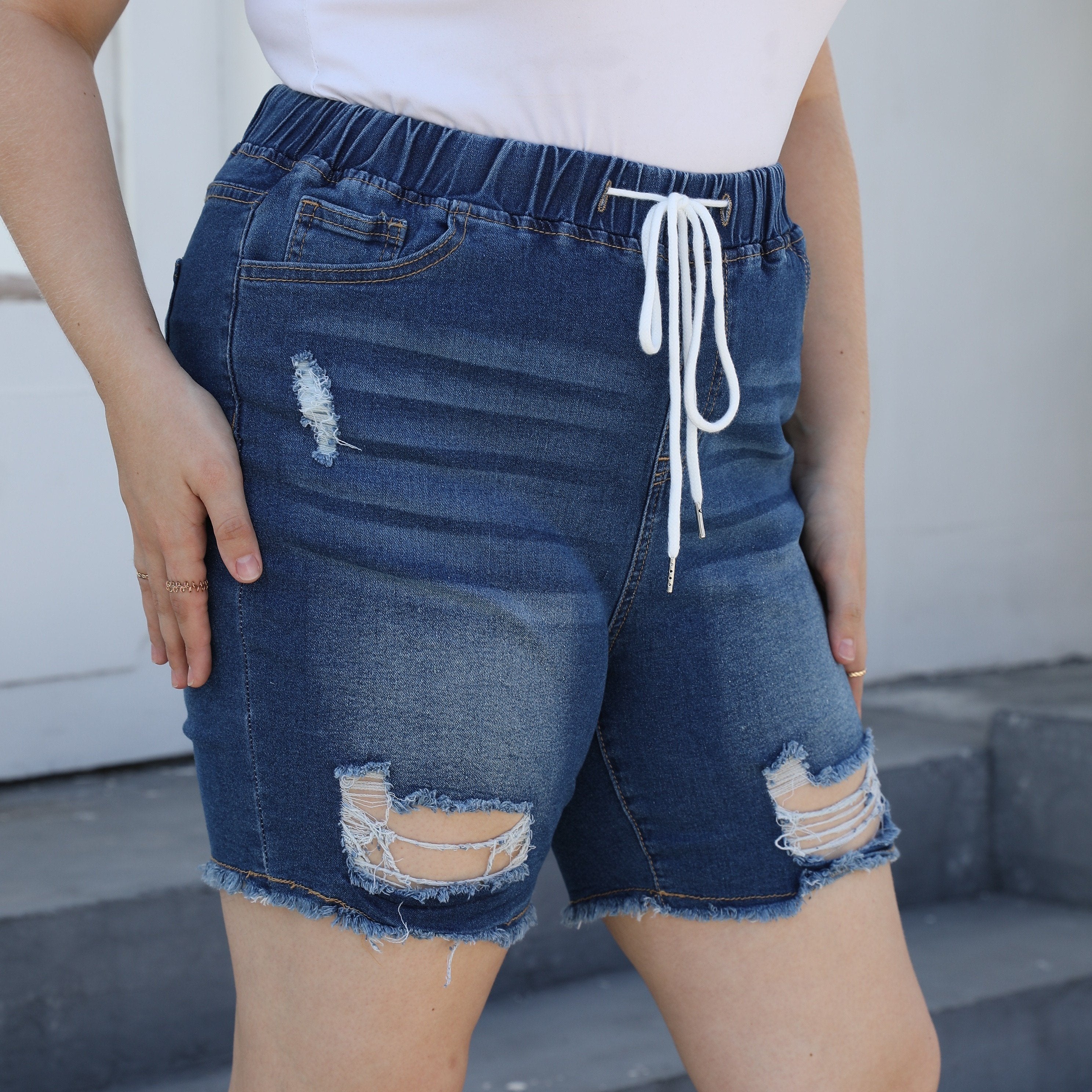  Casual Denim Shorts Women's Plus Solid Ripped Raw Trim Elastic Drawstr
