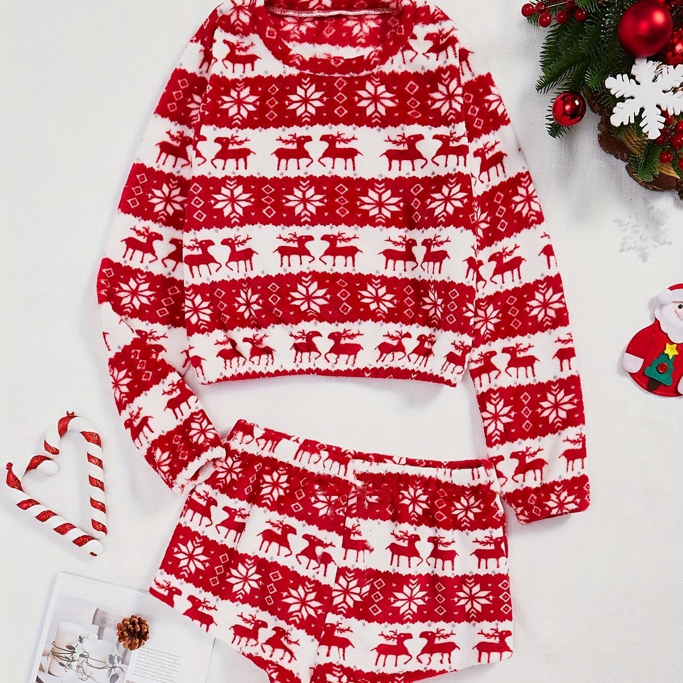 Christmas Plush Pajama Set Crew Neck Long Sleeve Top & Shorts