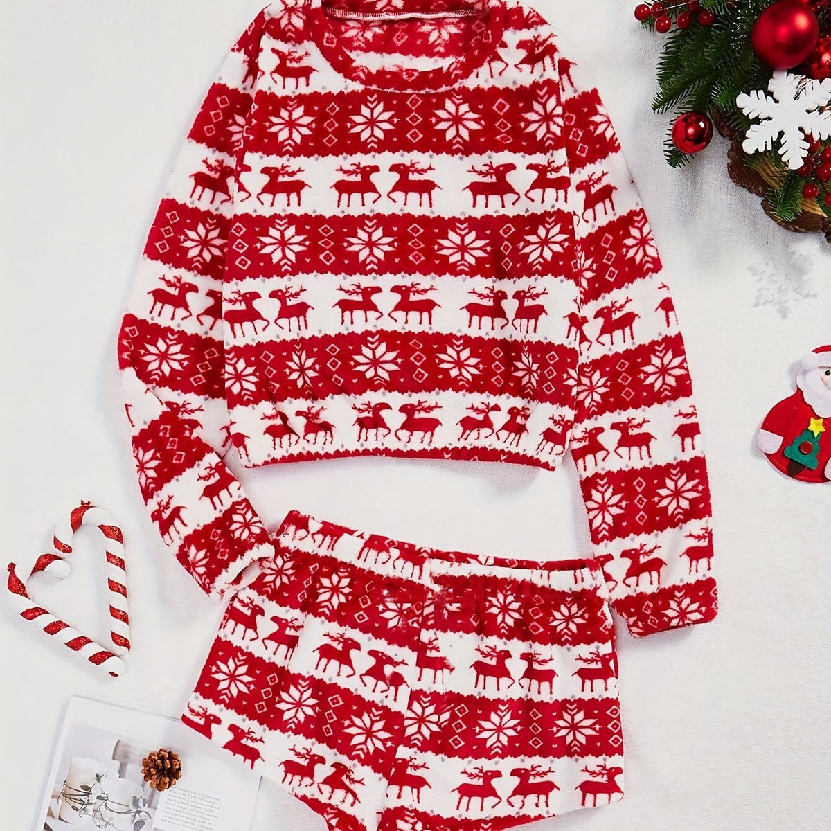 Christmas Plush Pajama Set Crew Neck Long Sleeve Top & Shorts