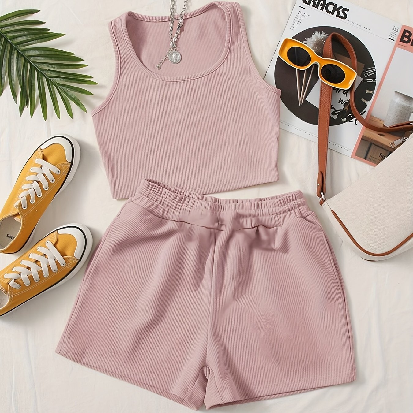  Ribbed Crop Tank Top & Shorts Set