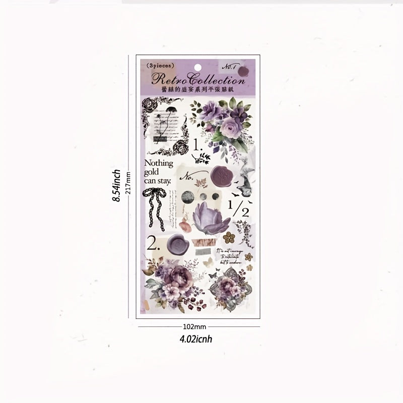 3pcs Lace's Banquet Series Retro Flower Bow Journal DIY Decorative Sticker Pack