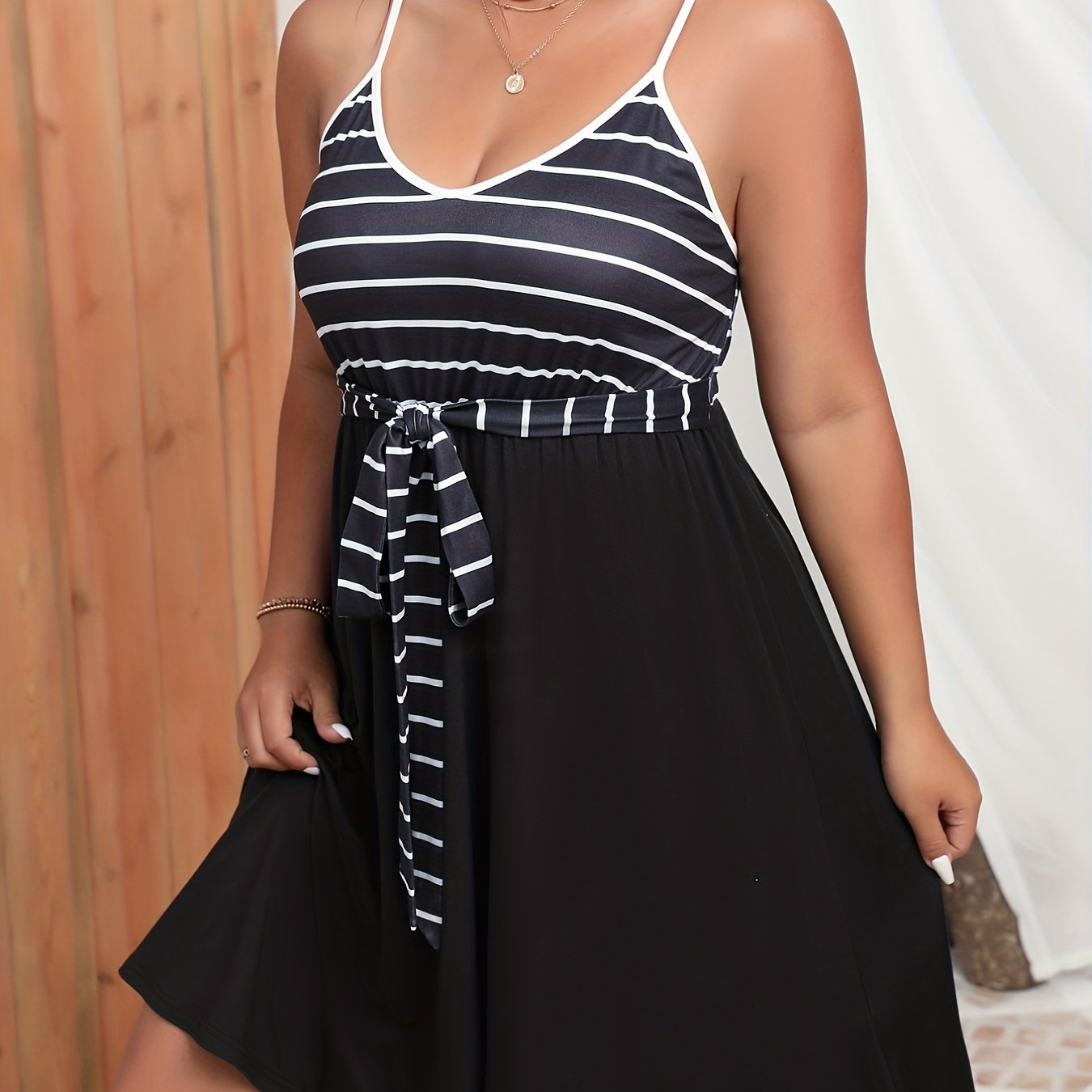  Pin Stripe Print V Neck Midi Dress