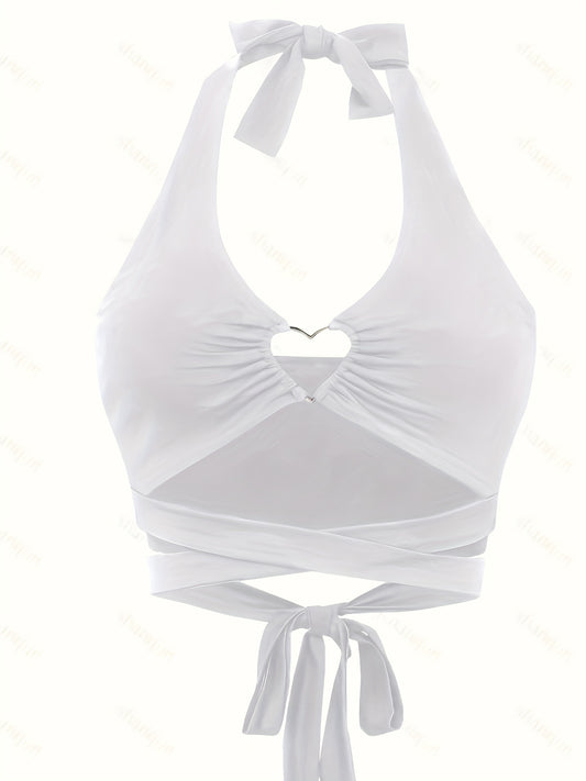 Heart Pattern Decor Halter Neck Top Beach Wear Backless Cross Tie Back