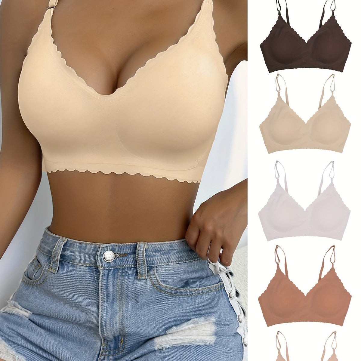 5 Seamless Wireless Bras Comfy & Breathable Scallop Trim Women's Lingerie