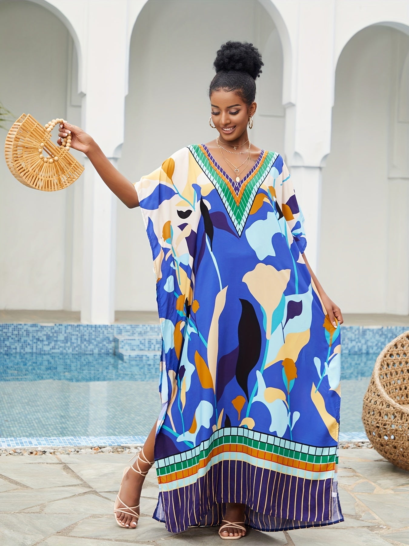  Boho Cover Up Women's Plus Abstract Print Bat Sleeve V Neck Loose Maxi