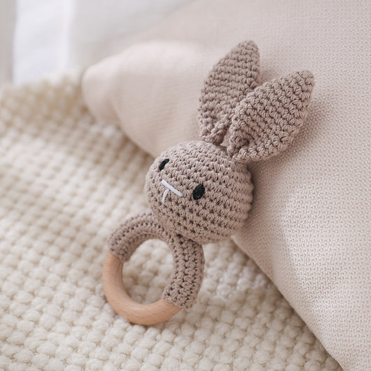 Handcrafted Crochet Bunny Rattle Toy Multicolor Textile Material