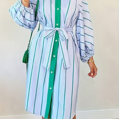 Women's Plus Stripe Print Button Up Lantern Sleeve Shirt Dress