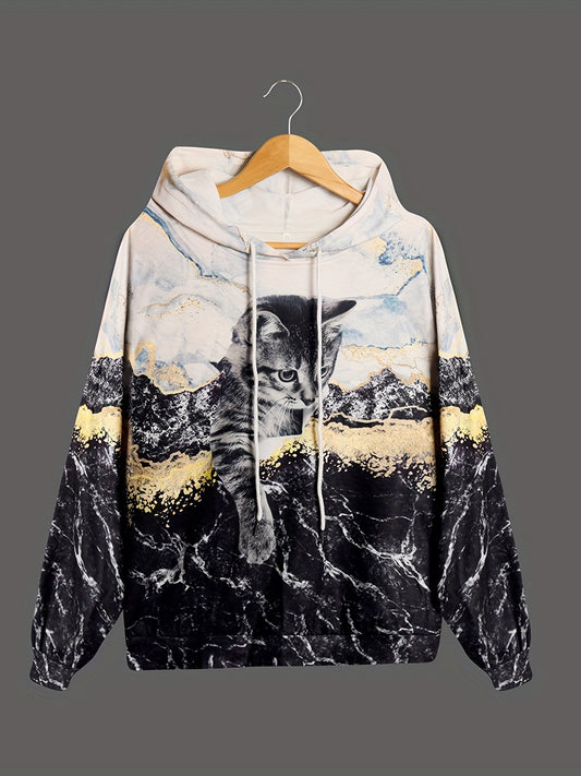 Cat Print Hooded Sweatshirt Women's Sporty Sweatshirts