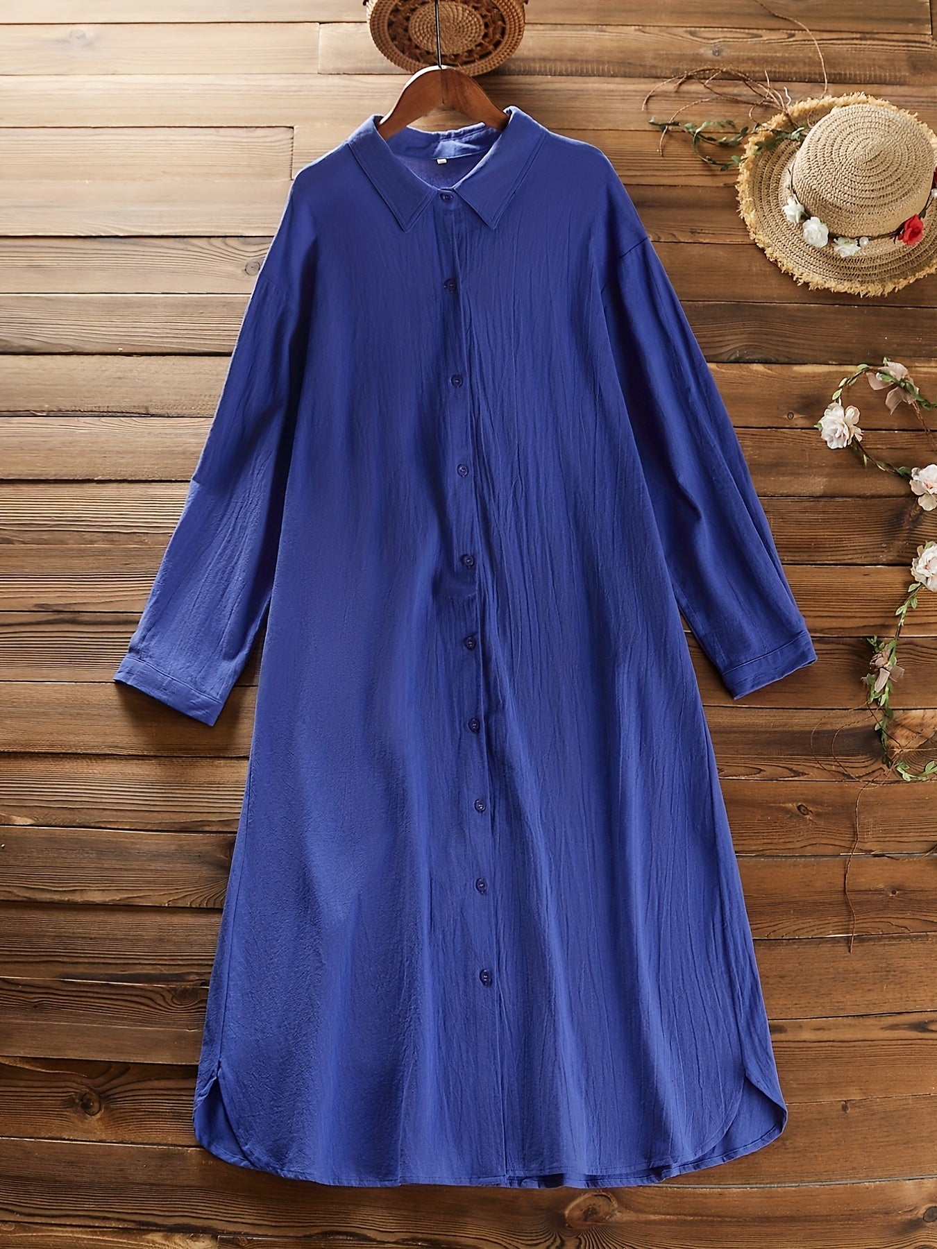  Solid Collared Button Up Shirt Dress