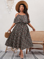  Ditsy Print Cold Shoulder Ruffle Trim Midi Dress