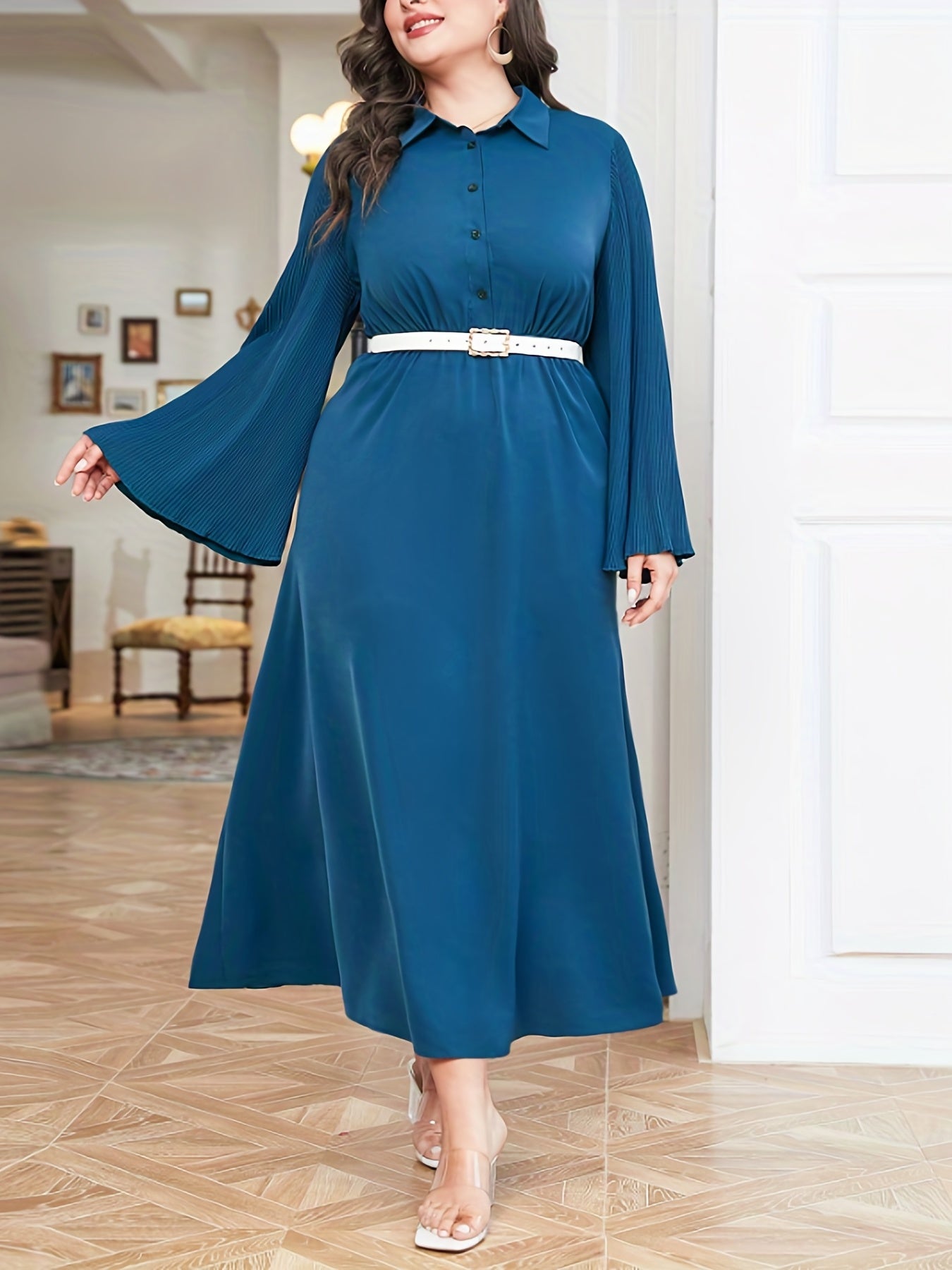  Dress Women's Plus Flared Sleeve Button Up Lapel Collar