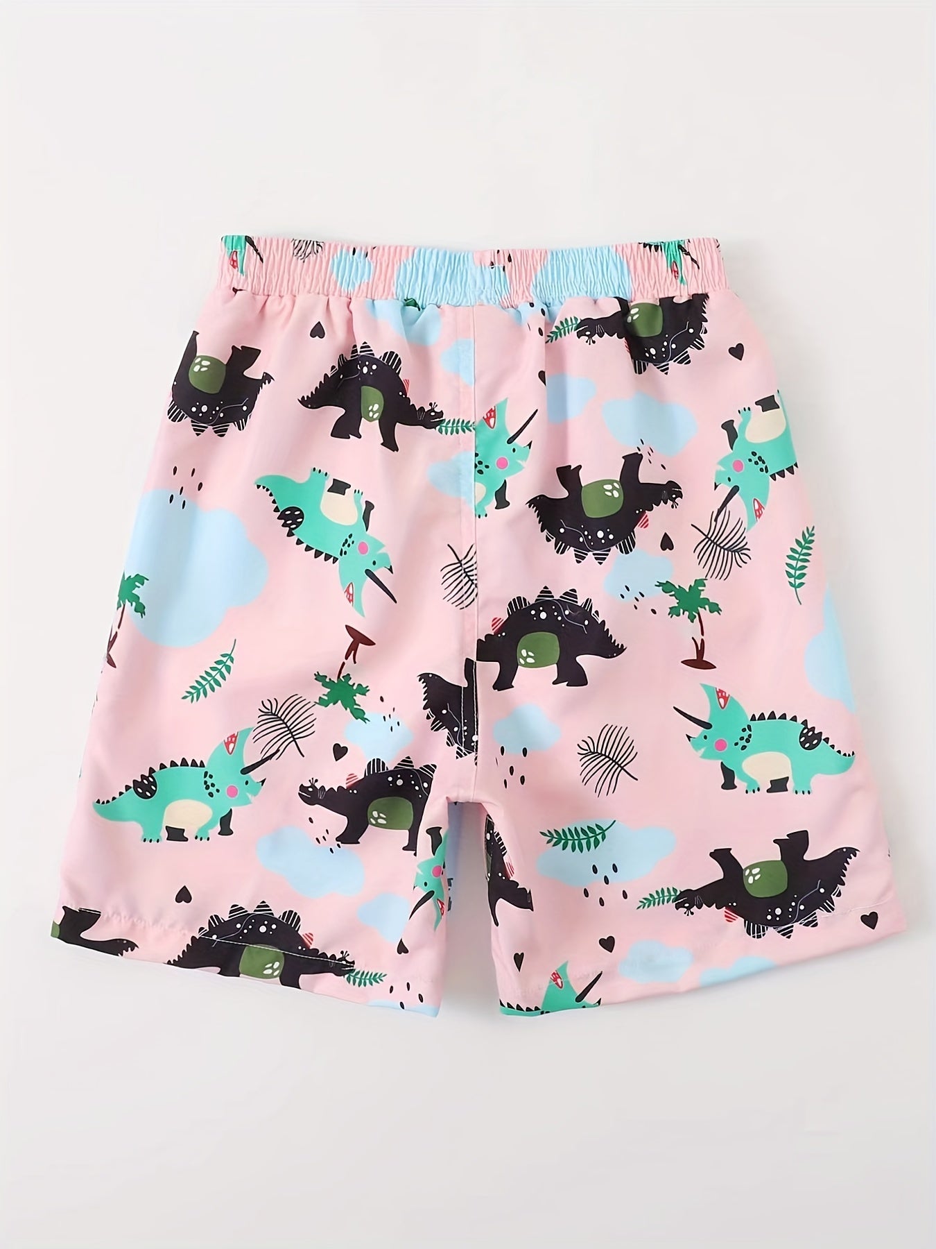 Boy's Dino Print Swim Trunks Elastic Waist Shorts for Summer Vacation