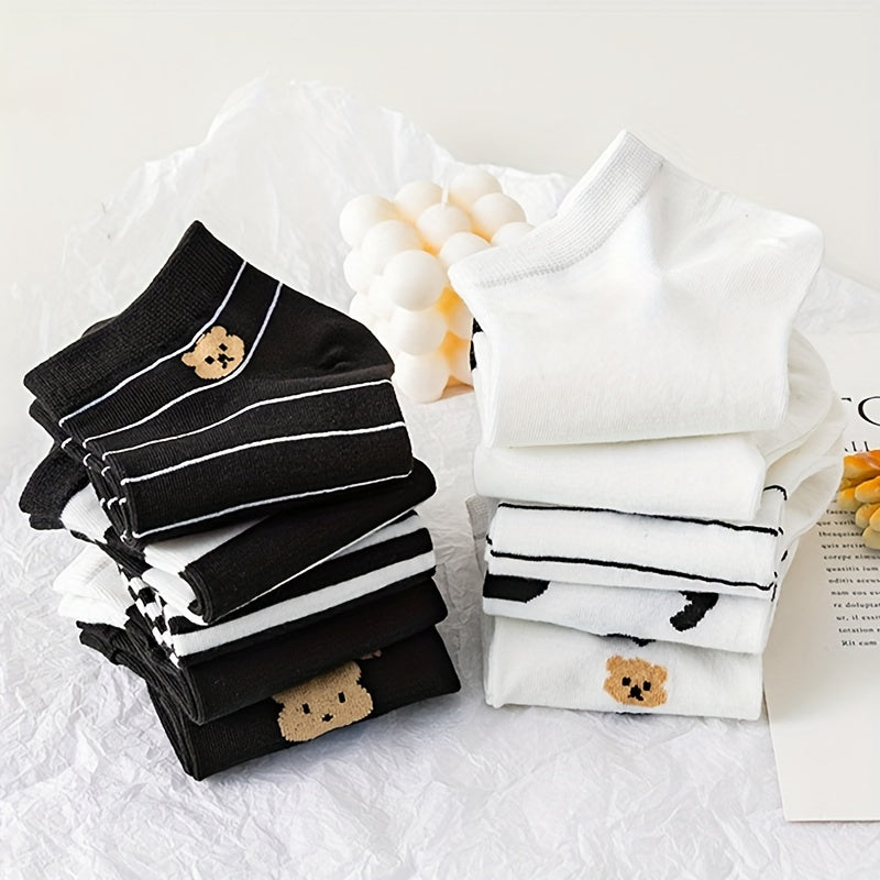 Cow & Bear Print Socks & Lightweight Cartoon Ankle Socks Women's Stockings