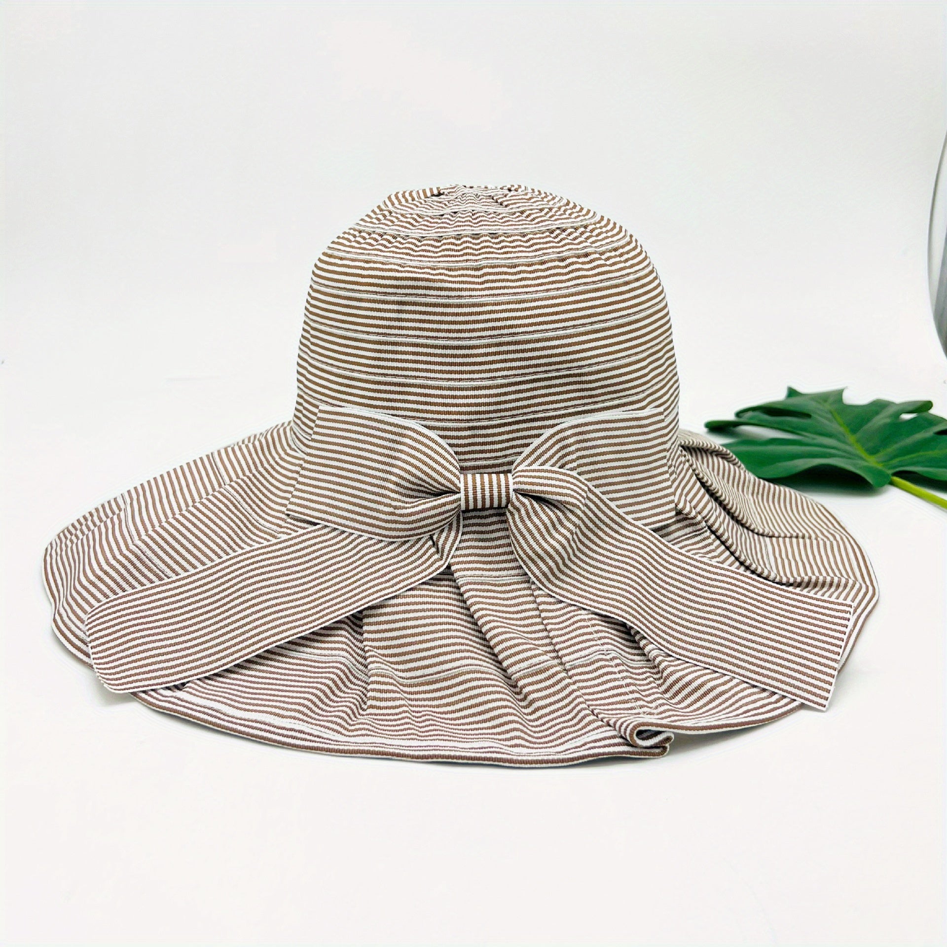 Striped Bucket Hat Wide Brim Bowknot Decor UV Protection Travel Beach Hat