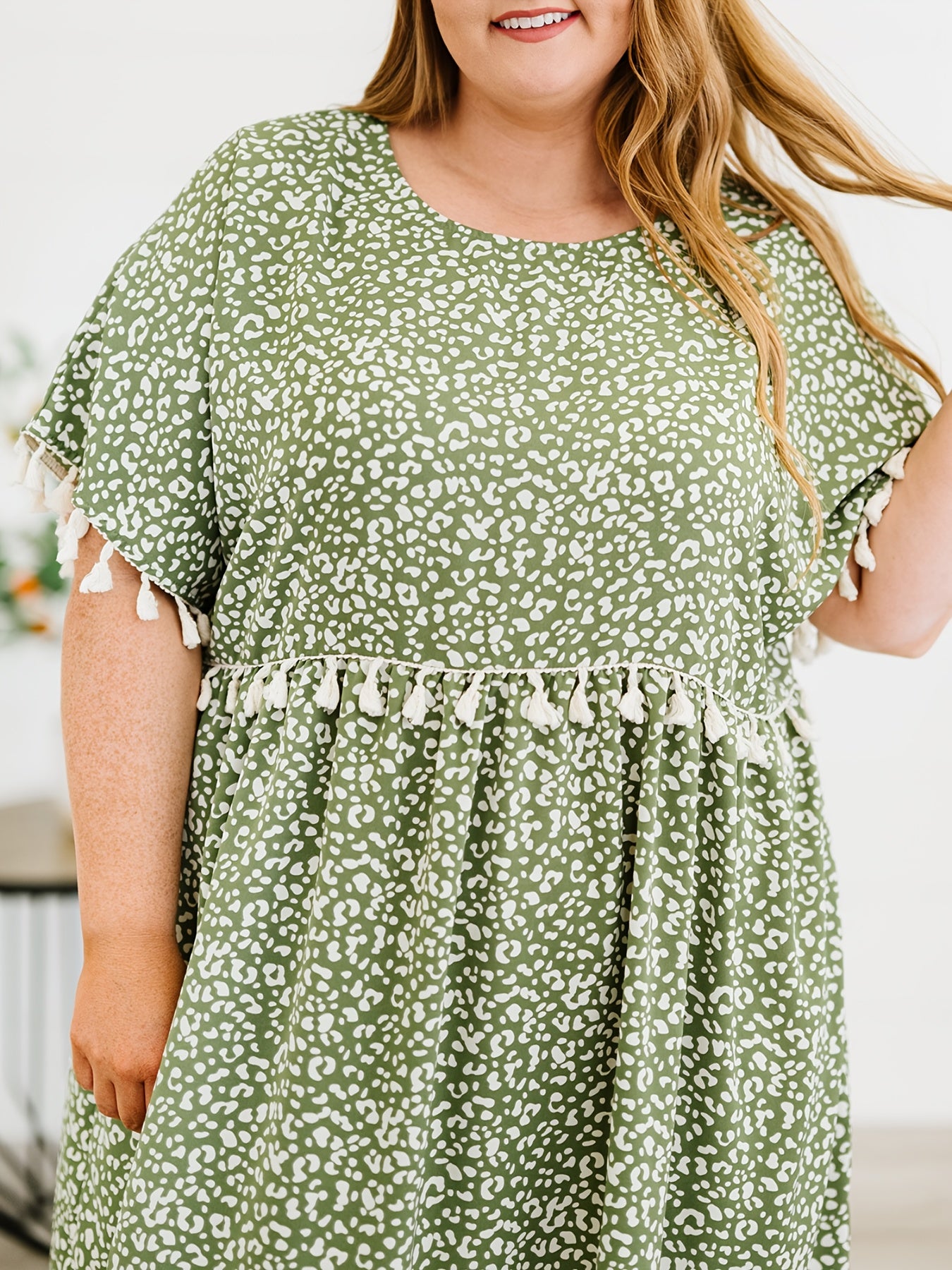  Leopard Print Fringe Trim Midi Dress