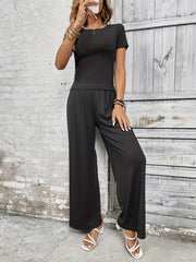Casual Two Piece Set Short Sleeve T Shirt & Wide Leg Pants Outfit