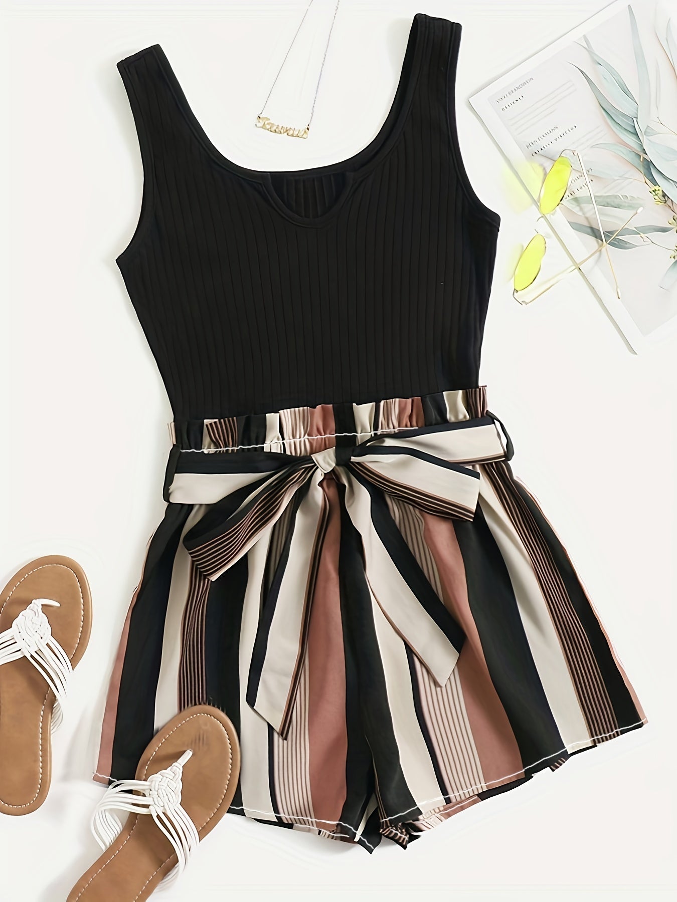 Summer Sleeveless Tank Top & Striped Shorts Set