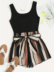 Summer Sleeveless Tank Top & Striped Shorts Set