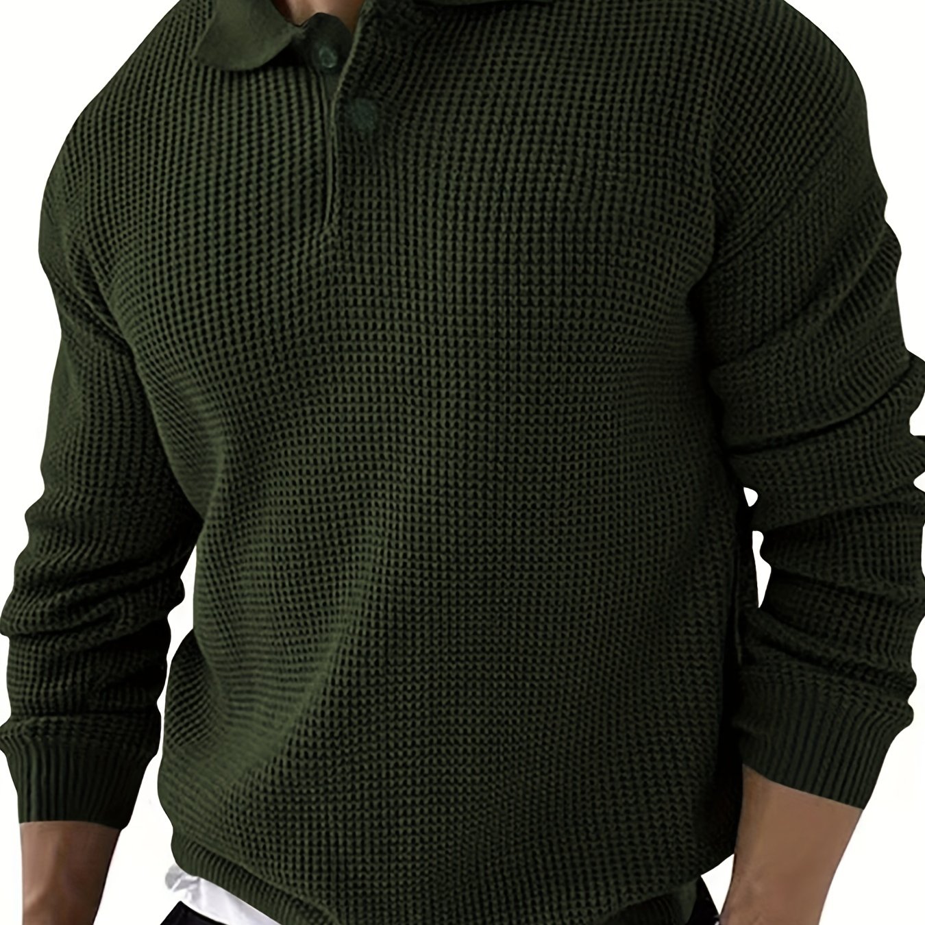 Waffle Knit Polo Collar Sweater Men's Casual Warm Solid Button Up Sweater