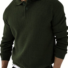 Waffle Knit Polo Collar Sweater Men's Casual Warm Solid Button Up Sweater