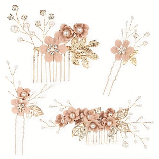 Pink Flower Hair Pin Inlaid Faux Pearl U shaped Hairpin Hair Accessories