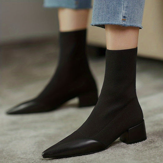 Women's Pointed Toe Ankle Boots Knitted Slip On Low Heels Stretch Short Boots