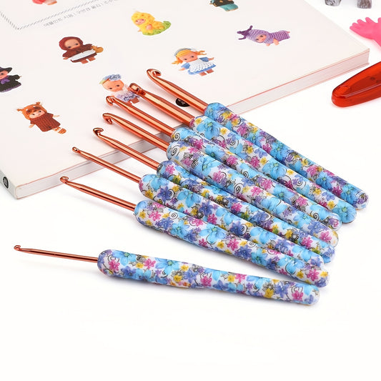 8pcs Aluminum Crochet Hooks Set Bule Floral Ergonomic Handle Comfort Grip