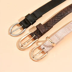 3pcs Oval Buckle PU Belt Solid Snake Pattern Embossed Girdle For Women