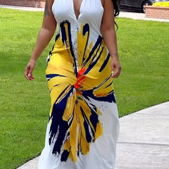  Daisy Print Halter Neck Maxi Dress