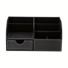 PU Half Leather Desktop Storage Pen Holder with Drawer