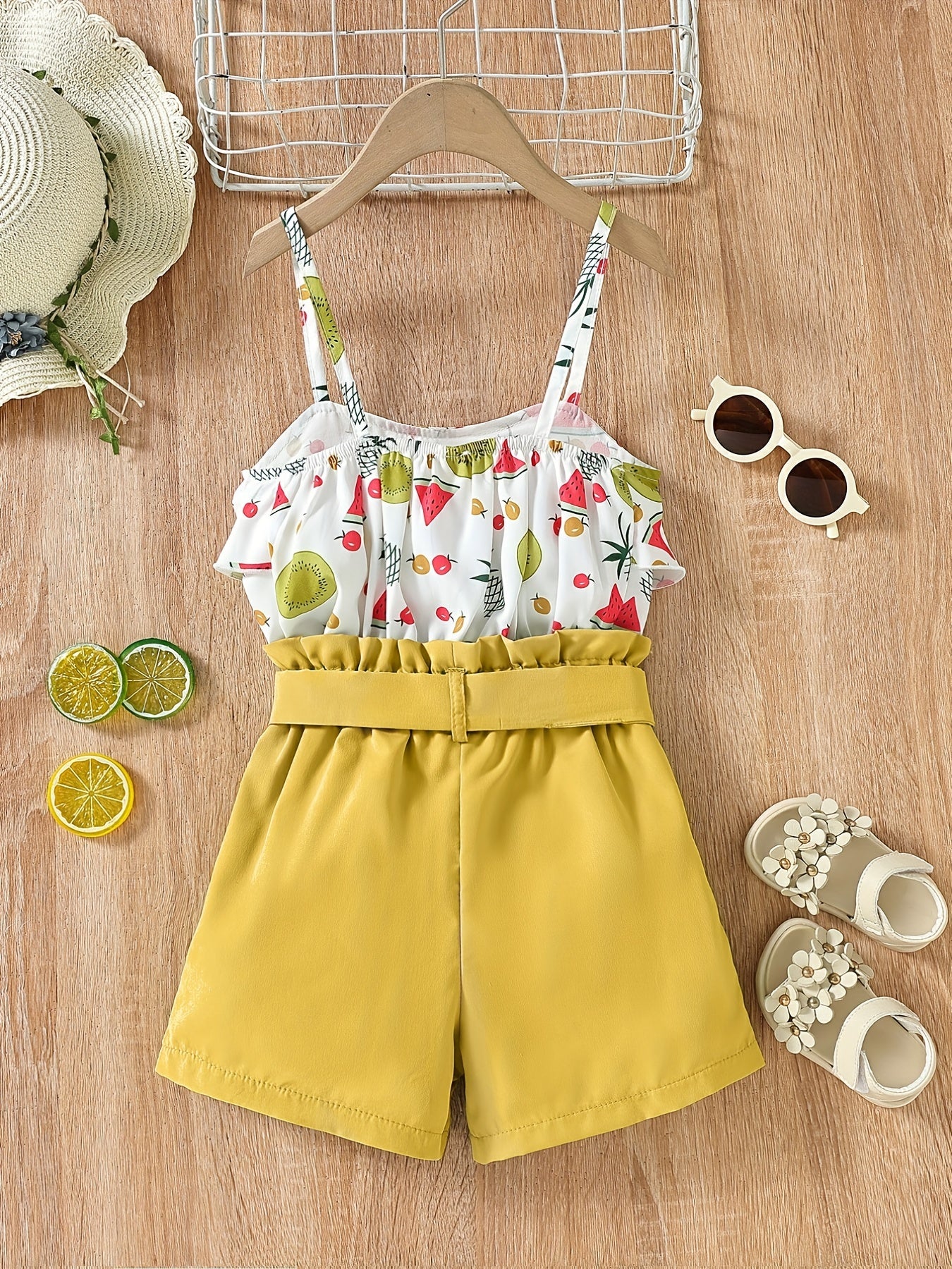 Girls Fruit Print Ruffle Cami Tops And Shorts Set