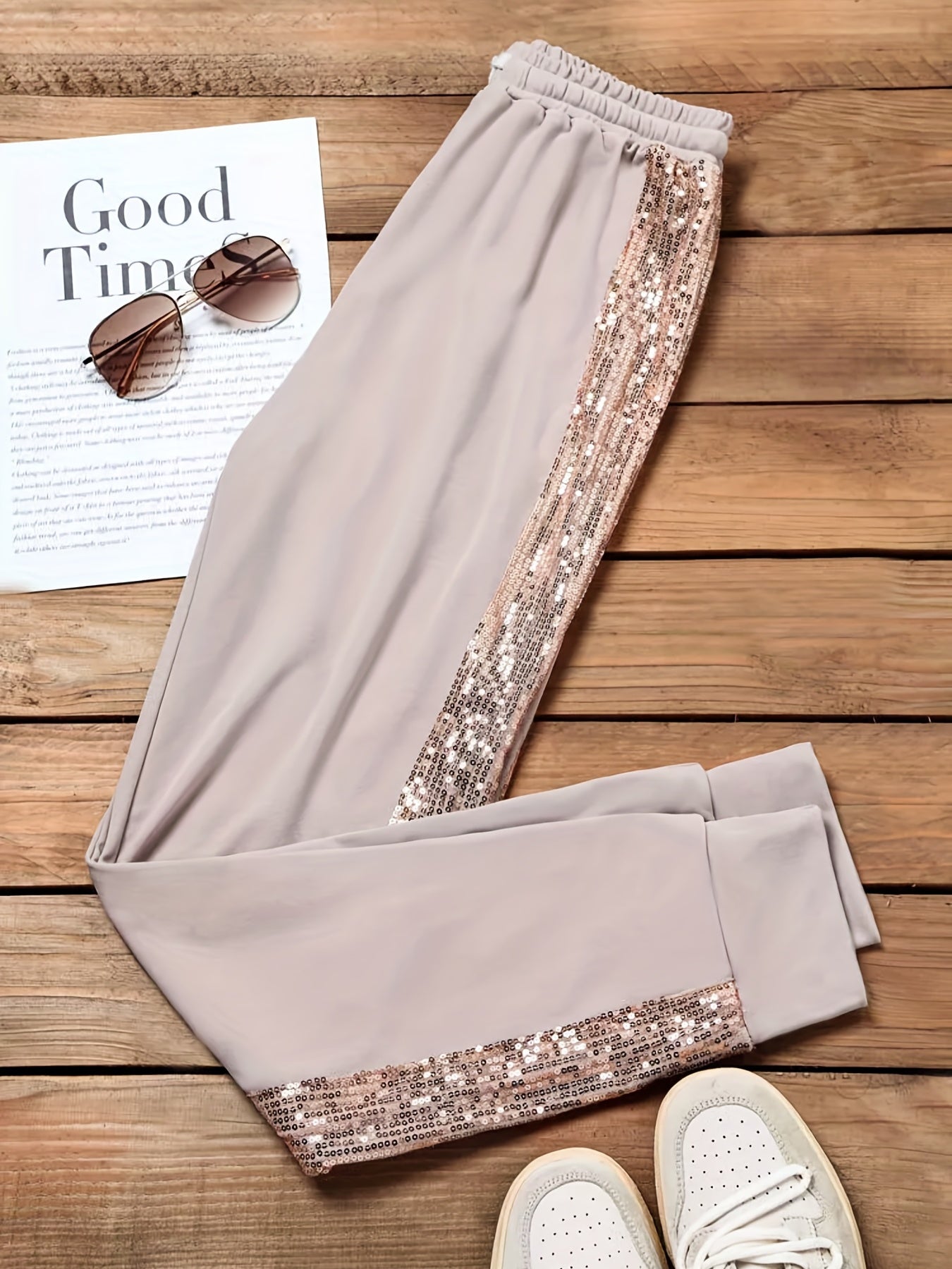 Women's Plus Sequin Decor Drawstring Elastic Waist Party Pants