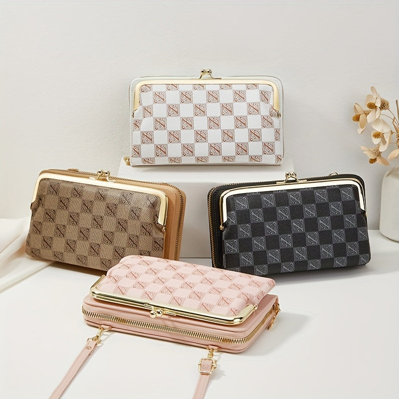 Vintage Plaid Shoulder Bag Kiss Lock Purse Detachable Strap