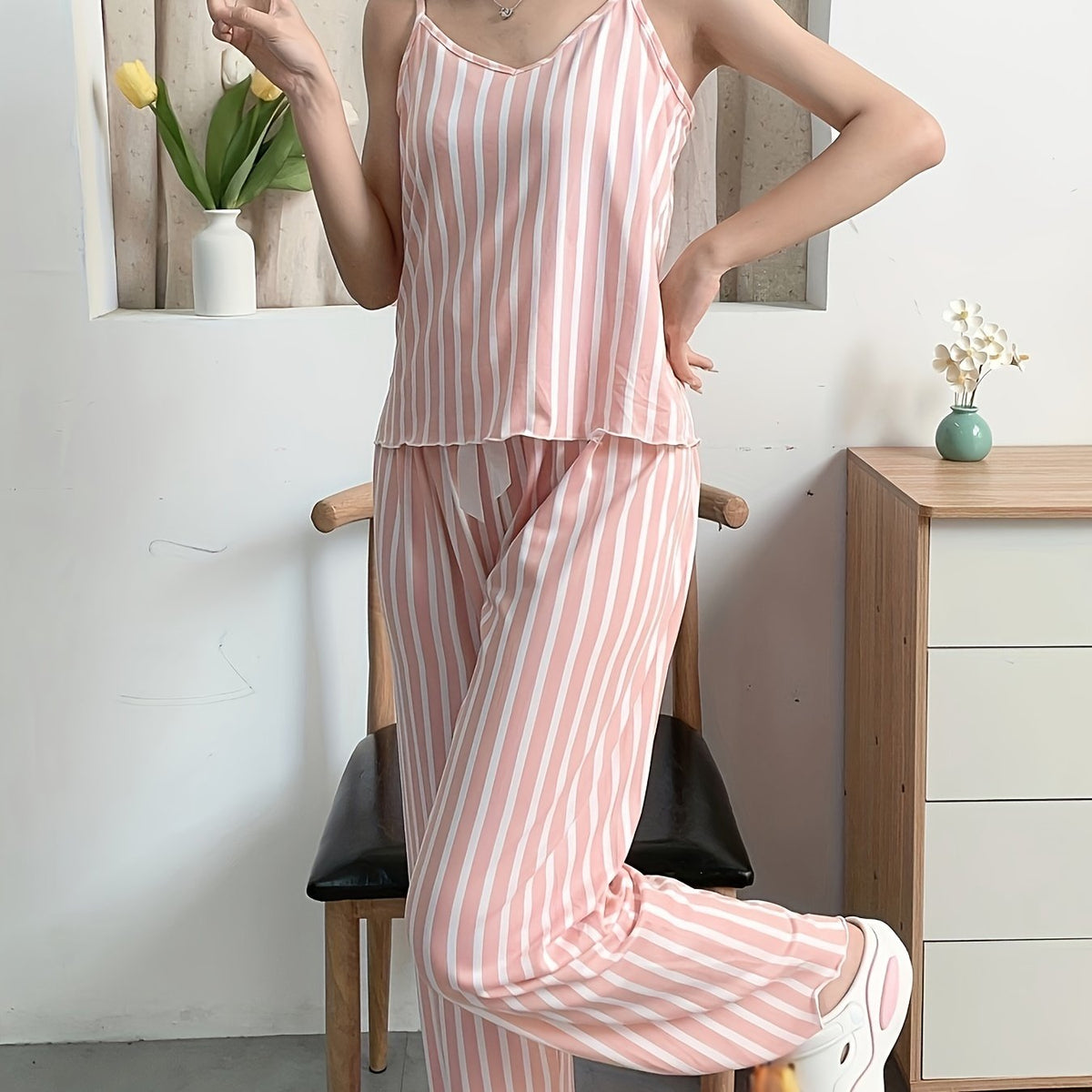 Striped Print Pajama Set V Neck Cami Top & Elastic Waistband Pants