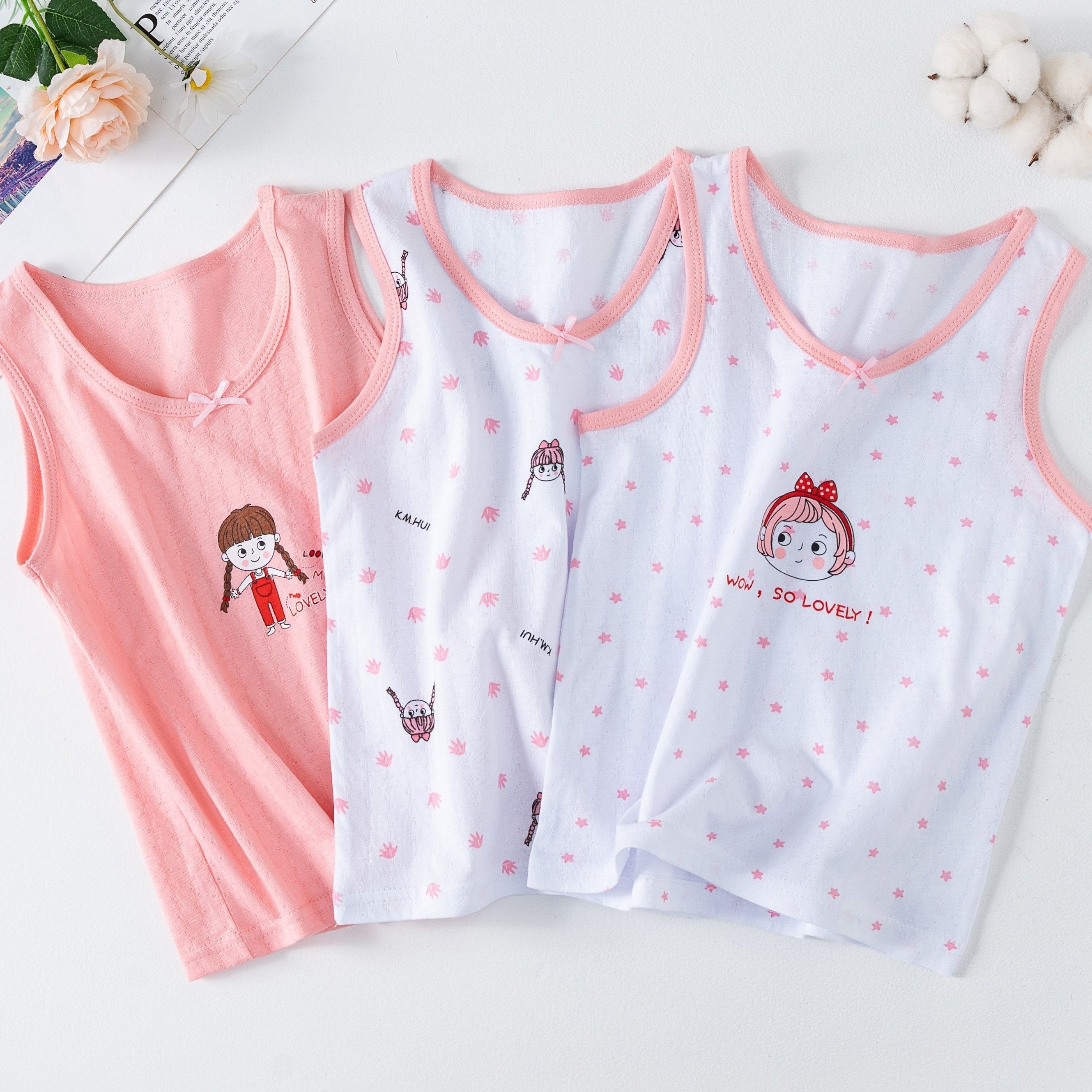 Girls' Cotton Tank Top Set, Slim Fit Pajamas, Class A Inner Wear