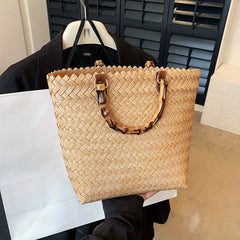 Straw Woven Beach Bag with Bamboo Handle Boho Style Handbag