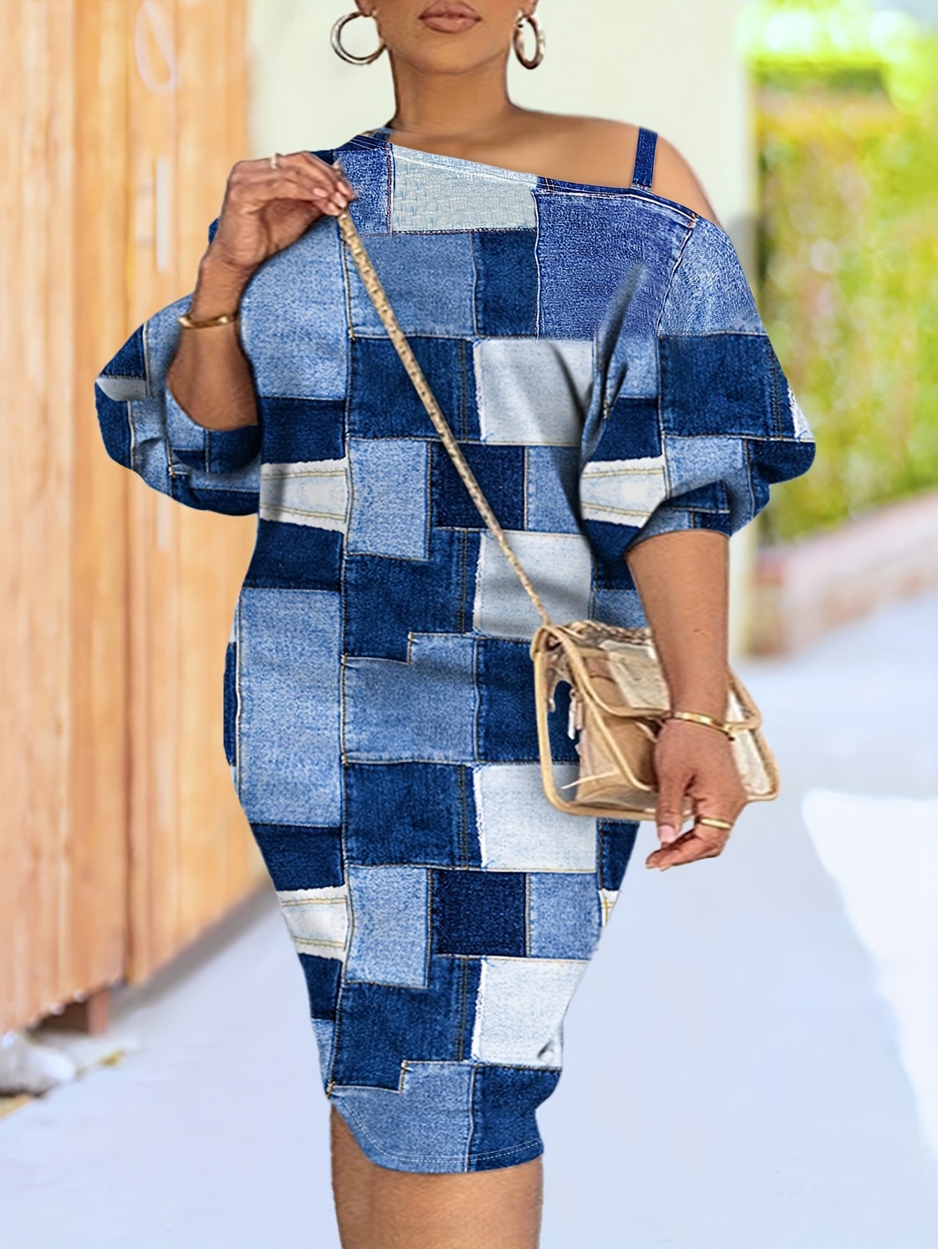  Denim Print One Shoulder Midi Dress