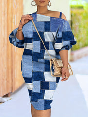  Denim Print One Shoulder Midi Dress
