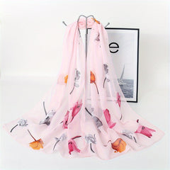 Rose Print Chiffon Scarf Thin Silk Head Wrap Casual Beach Towel