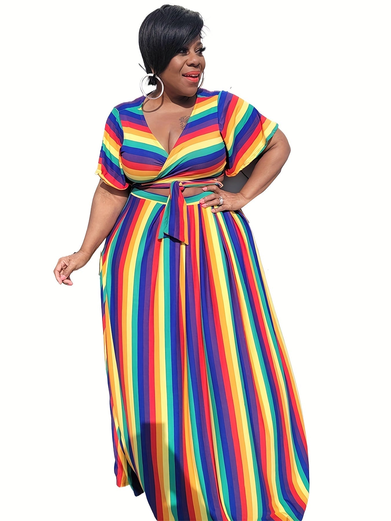  Colorful Stripe Crop Top & Maxi Skirt Outfit Set