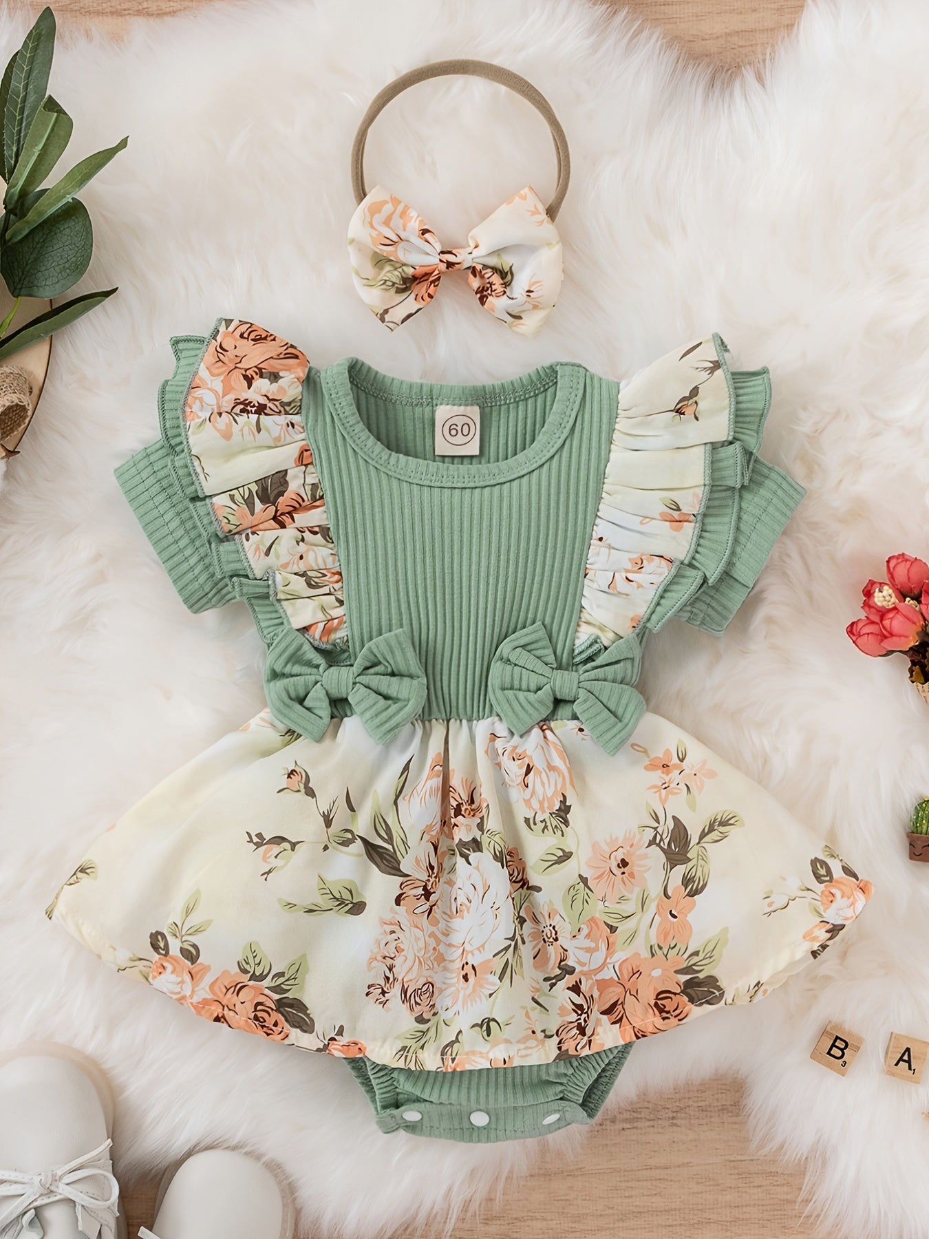 Newborn Infant Dress Splicing Romper Ruffle Flowers Print Short Sleeve Bodysuit