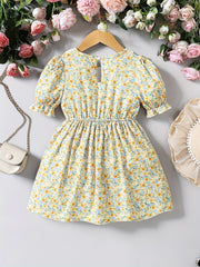 Girls Flower Print Puff Sleeve Dress for Party