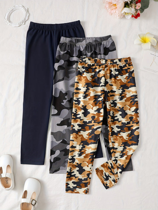 3pcs Girls Skinny Legging Pants in Camouflage, Solid Khaki and Other Colors