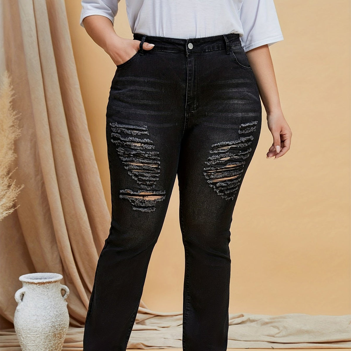 Plus Solid Ripped High Rise Button Fly High Stretch Flared Leg Jeans